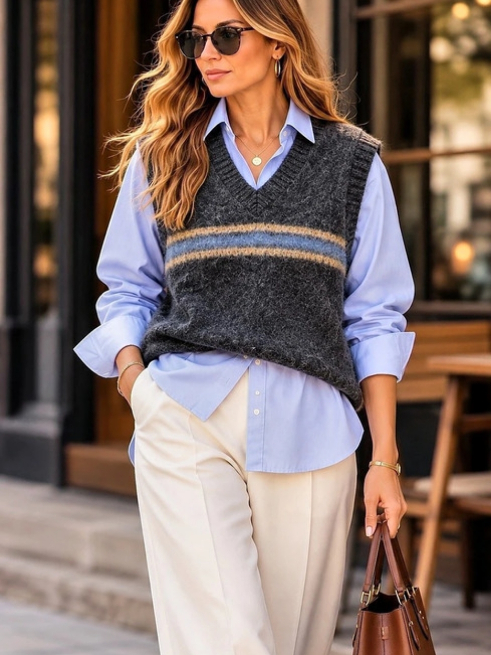 Whitefish Bay 100% Wool Striped Sweater Vest Charcol Grey Size M